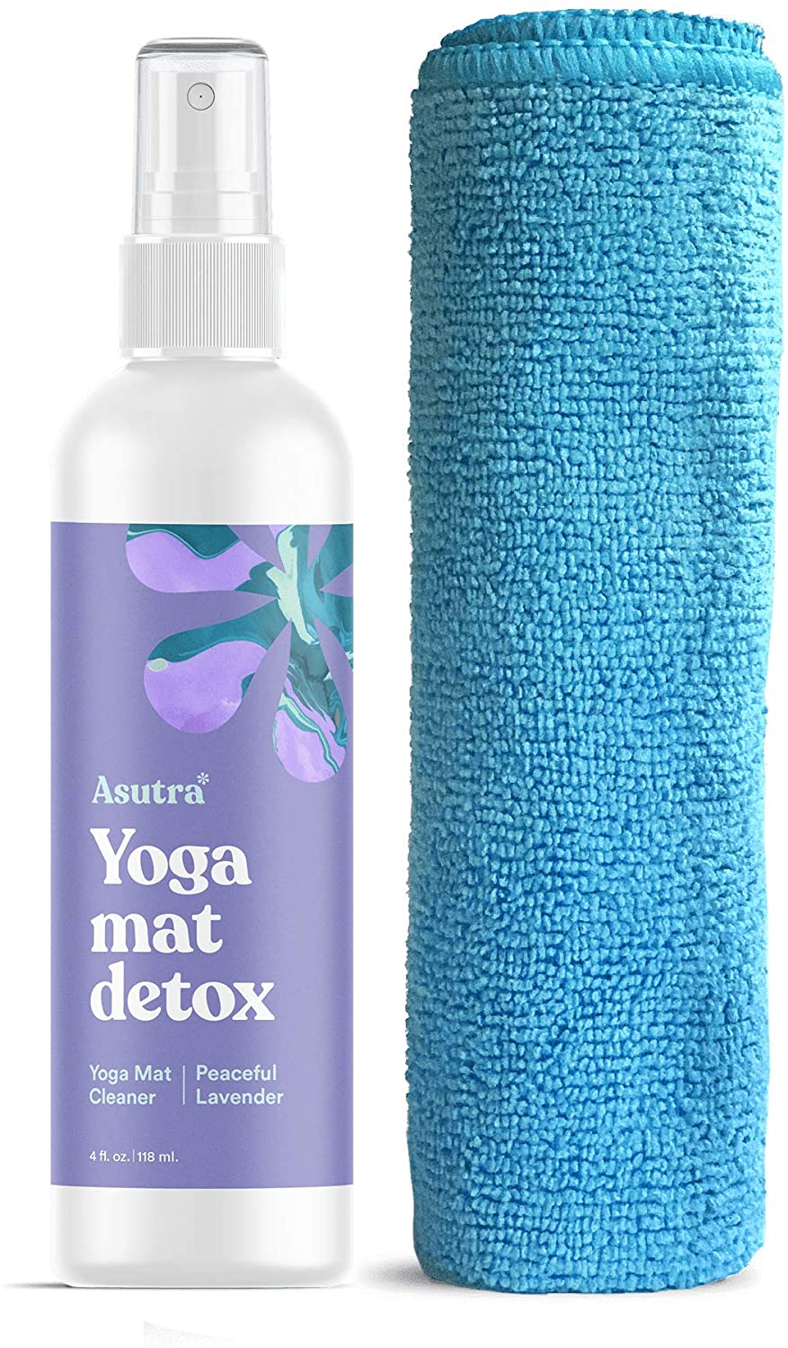 ASUTRA Natural & Organic Yoga Mat Cleaner (Peaceful Lavender Aroma), 4 fl oz | Safe for All Mats & No Slippery Residue | Cleans, Restores, Refreshes | Comes w/ Microfiber Cleaning Towel
